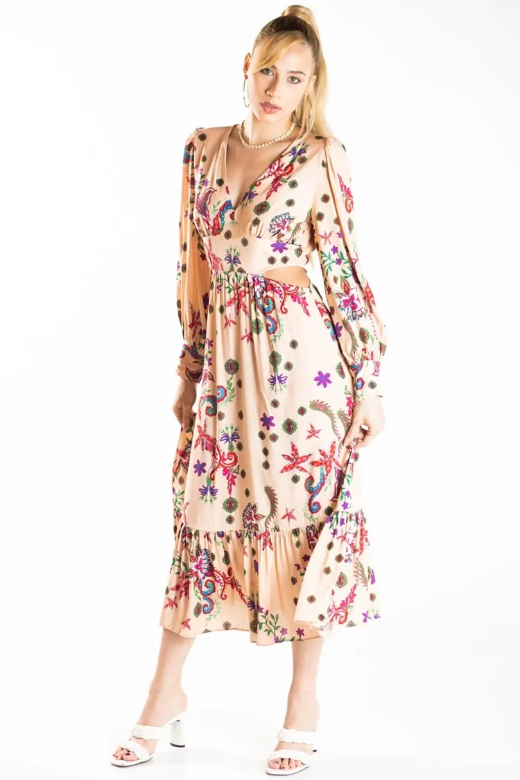 Vestido Dwz Com Manga Estampado Midi