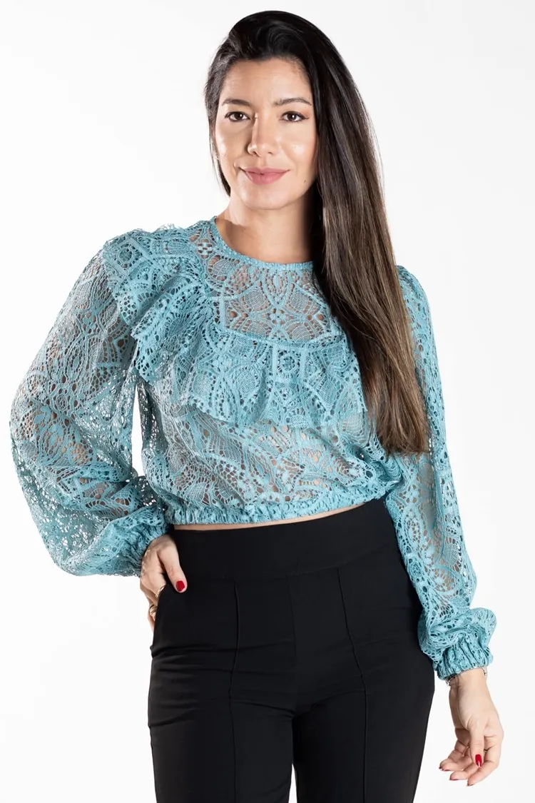 Cropped Dwz De Renda Com Manga Longa