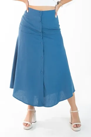 Saia Dwz Midi Com Botoes De Linho