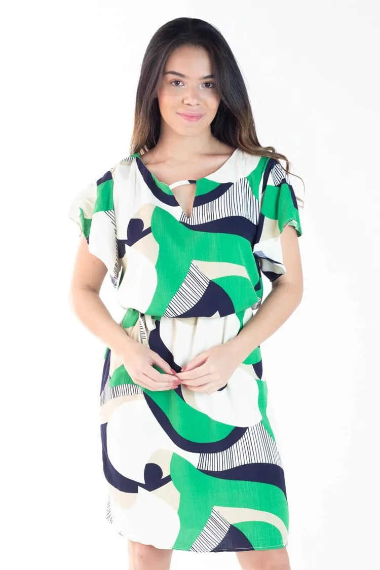Vestido Dwz Estampado Manga Curta Com Abertura Frontal