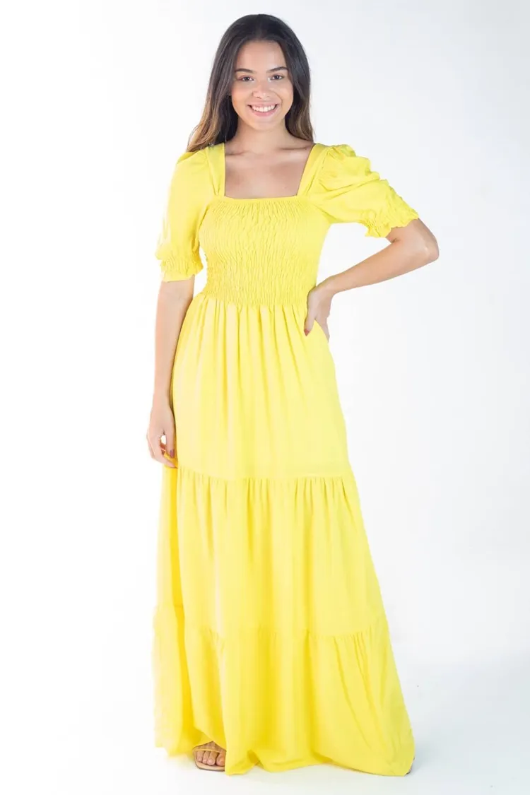 Vestido Dwz Longo Liso Com Lastex