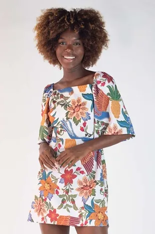 Vestido Dwz Estampado Com Manga e Amarracao Nas Costas