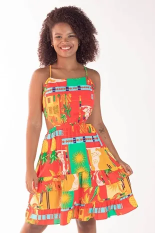Vestido Dwz Estampado Com Babado e Recortes