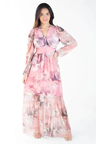 Vestidos Dwz Longo De Tule Estampado Manga Longa