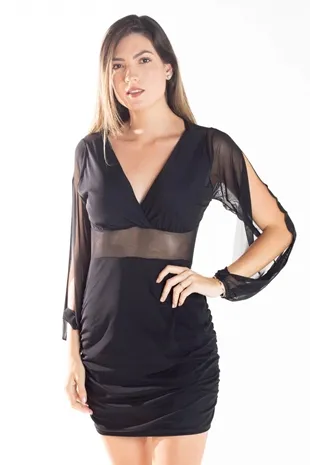 Vestido Dwz com Manga Longa de Tule