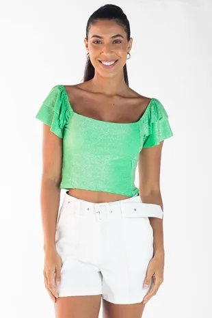 Cropped Dwz Lurex Com Manga Babado
