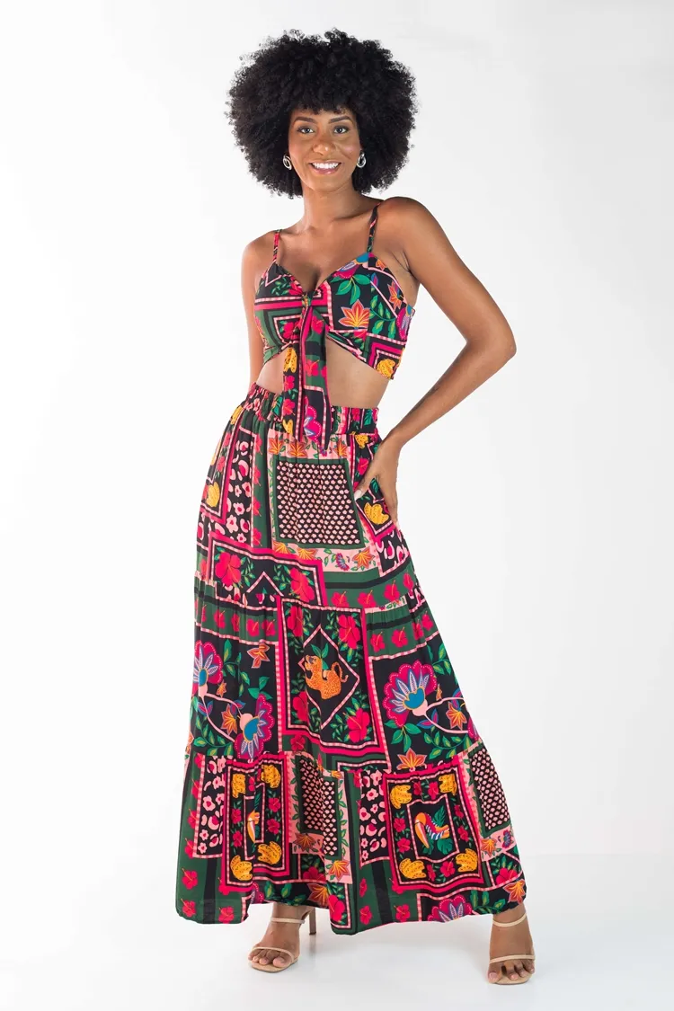 Conjunto Dwz Cropped e Saia Longa Estampado