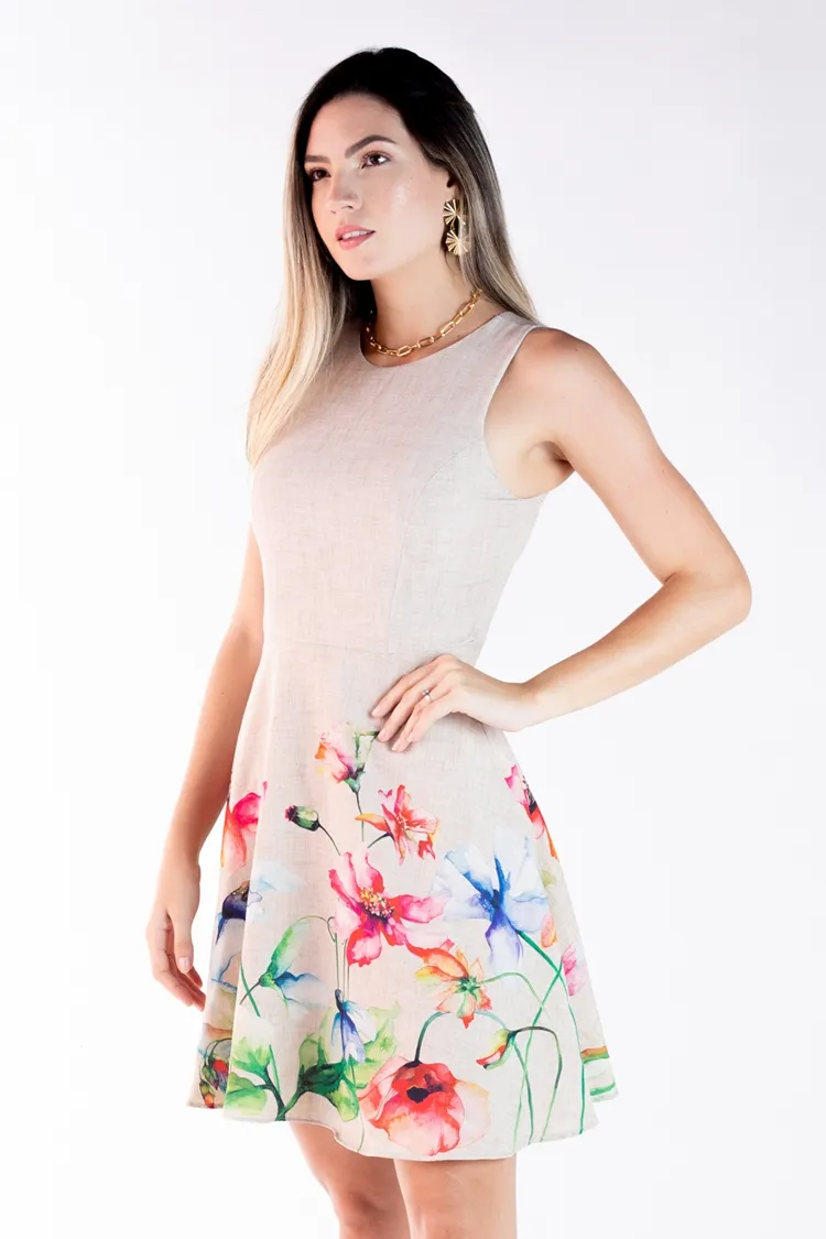 Vestido Dwz Curto de Linho com Estampa Floral