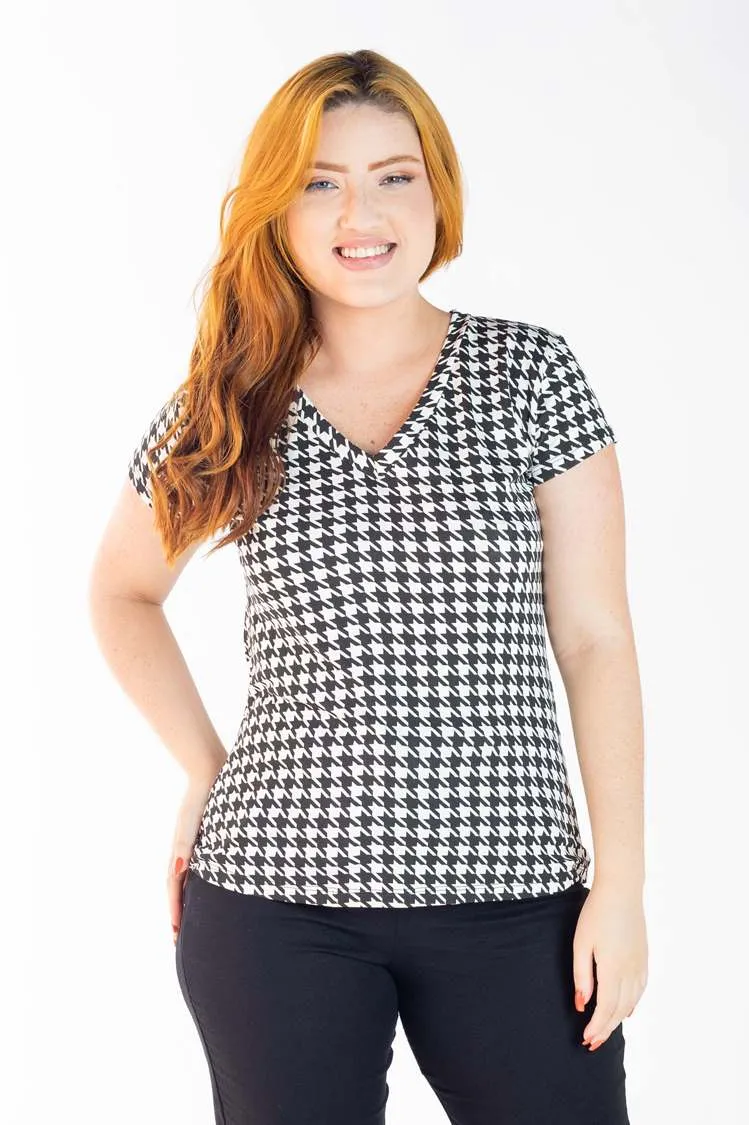Blusa Dwz Manga Curta Estampada pied Poule de Malha