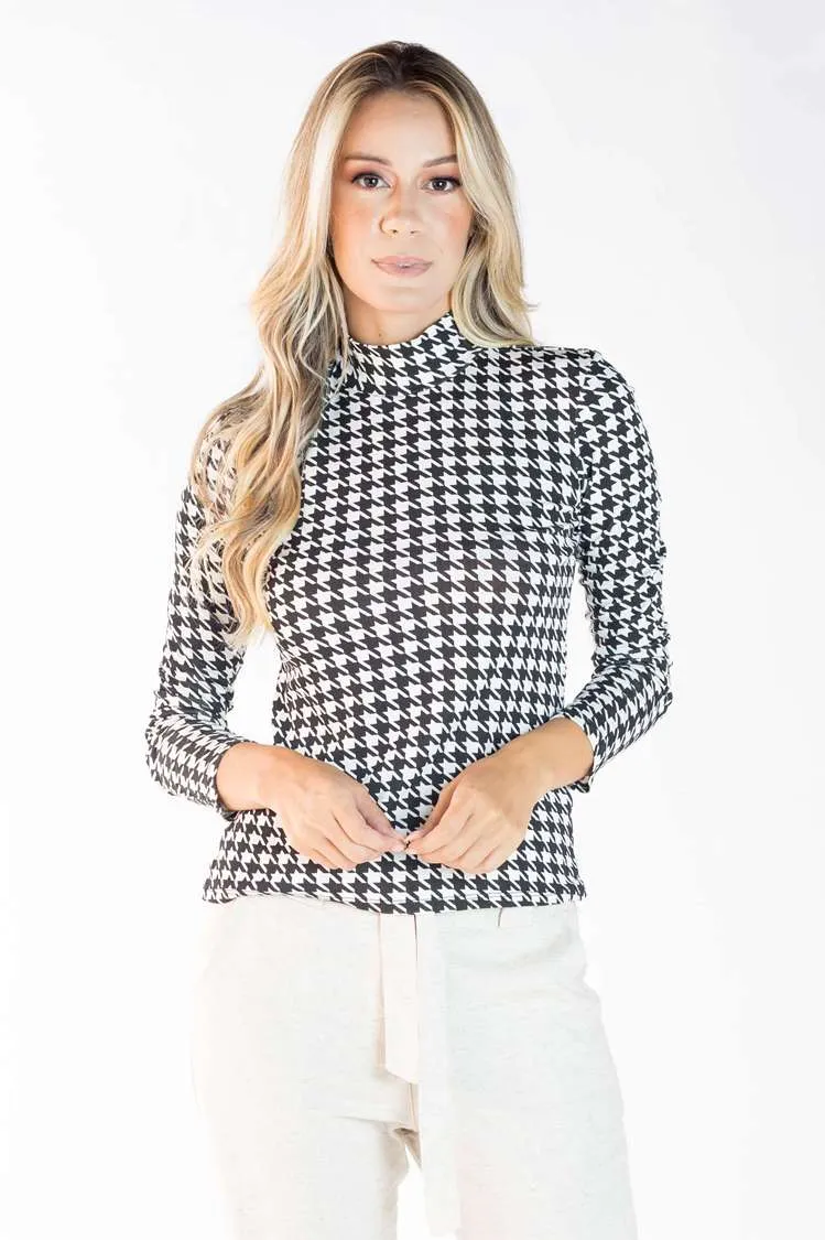 Blusa Dwz Manga Longa de Malha Pied Poule Gola Alta