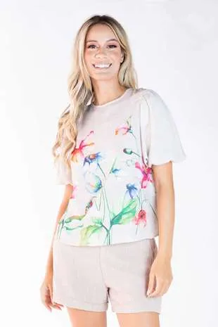 Blusa Dwz Manga Balone com Estampa Floral