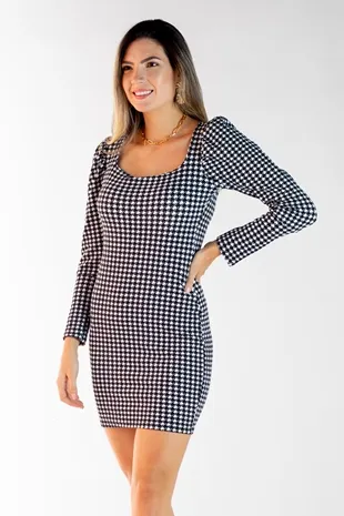 Vestido Dwz Curto Estampado Pied Poule Manga Longa