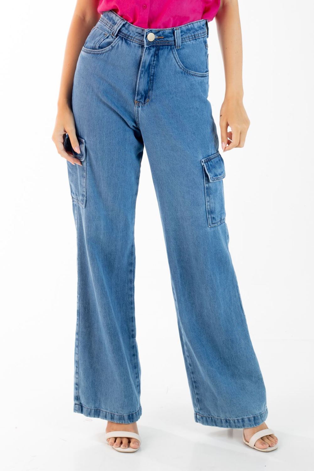 Calça Jeans Cargo com Cintura Média