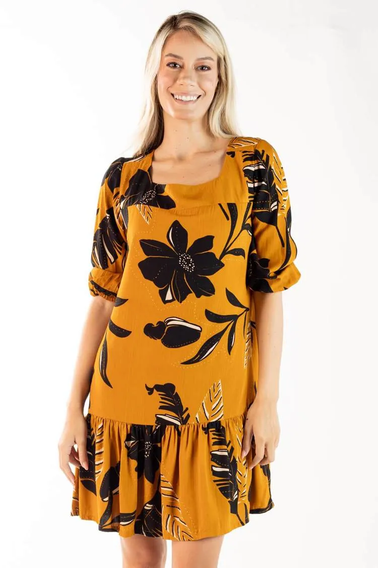 Vestido Dwz Curto Decote Quadrado Estampado