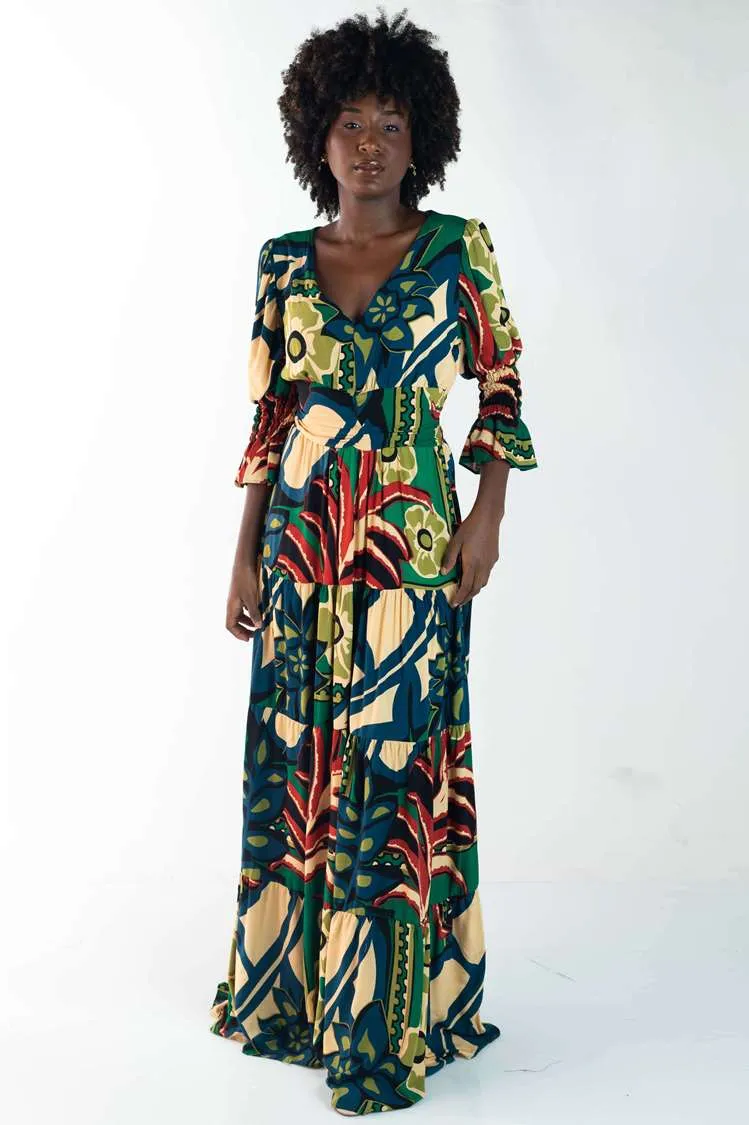Vestido Dwz Longo Estampado Manga 3/4 Com Bojo