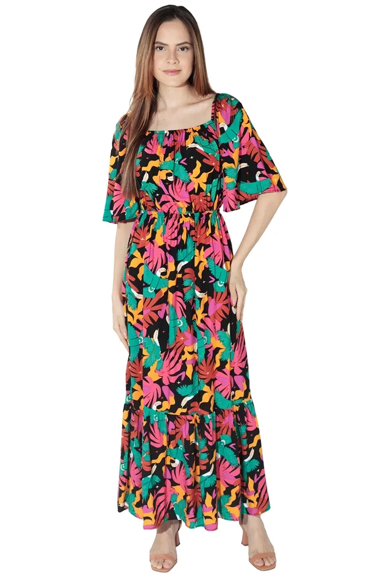 Vestido Dwz Longo Estampado Ombro a Ombro
