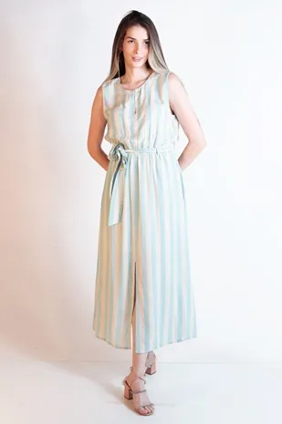 Vestido Dwz sem Manga Listrado com Faixa