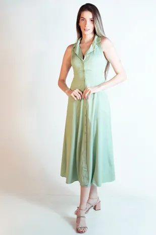 Vestido Dwz sem Manga Liso com Botoes