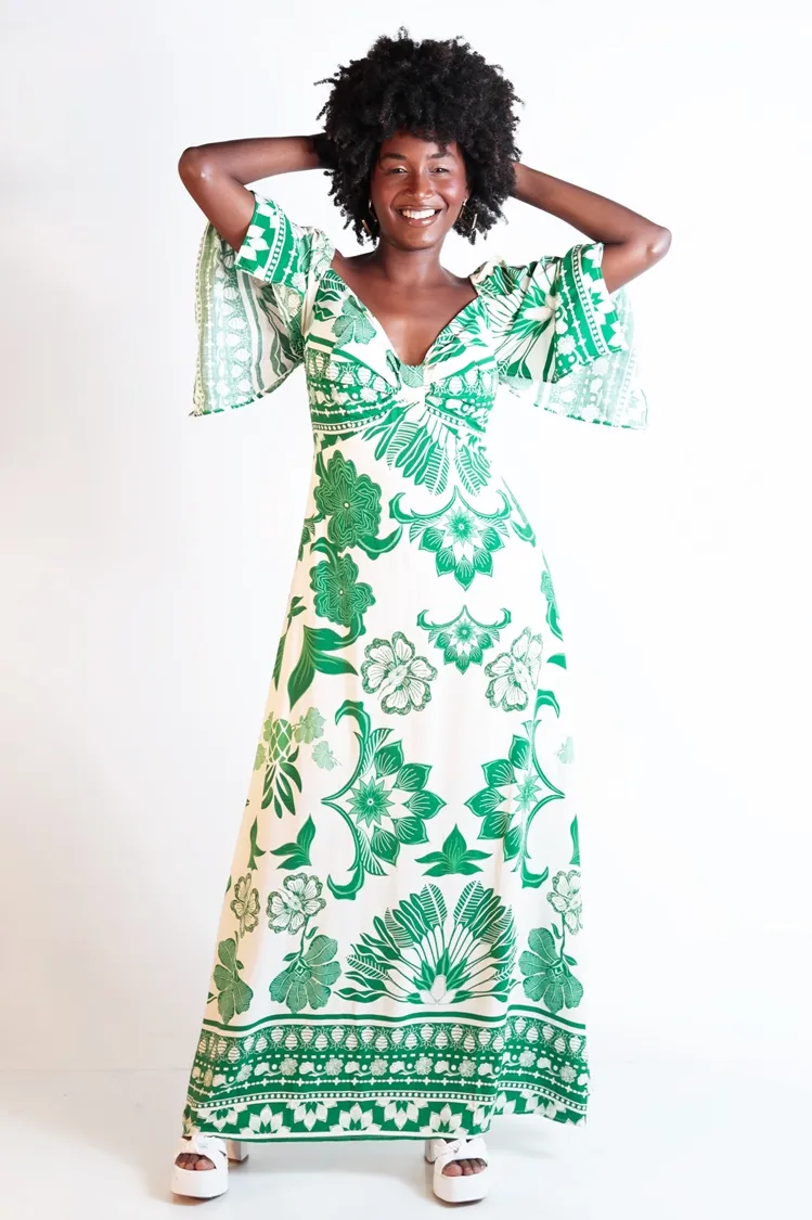 Vestido Dwz Longo Estampado Manga Aberta Com Bojo