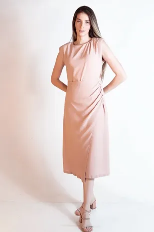 Vestido Dwz Liso Midi Drapeado Na Frente