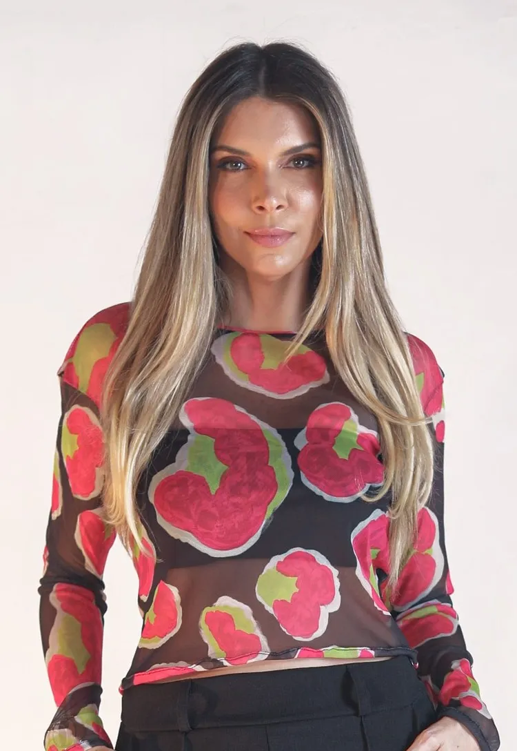 Blusa Dwz Tule Estampada com Manga Longa
