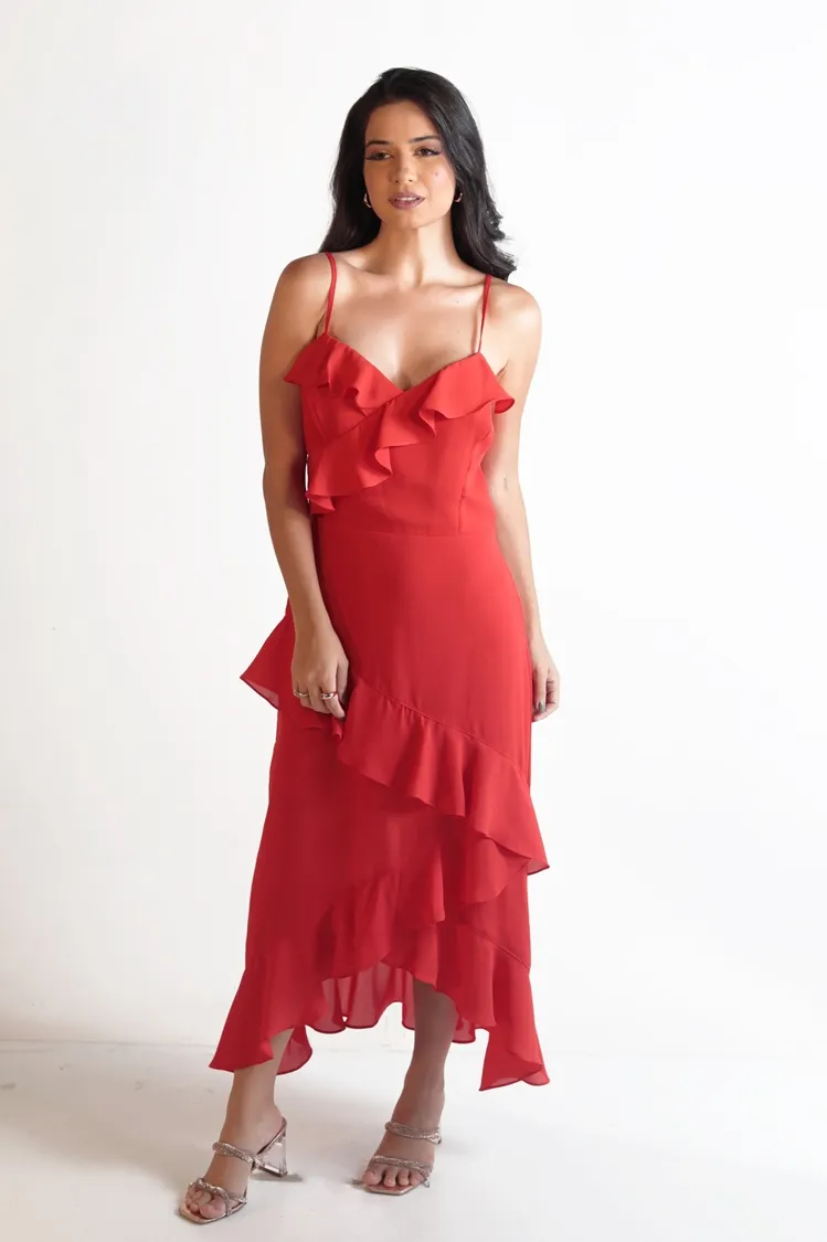 Vestido Dwz Alcas Finas Liso Com Babado