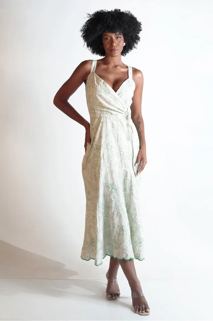 Vestido Dwz Alcas Finas Linho Bordado Estampado