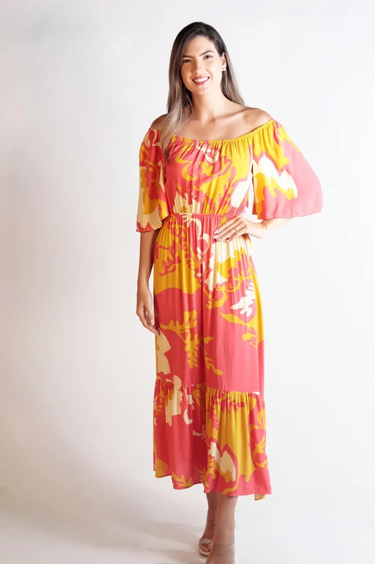 Vestido Dwz Longo Manga Curta Estampado