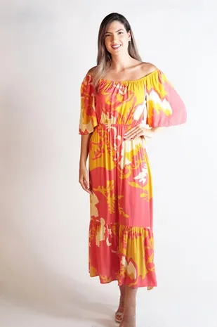 Vestido Dwz Longo Manga Curta Estampado