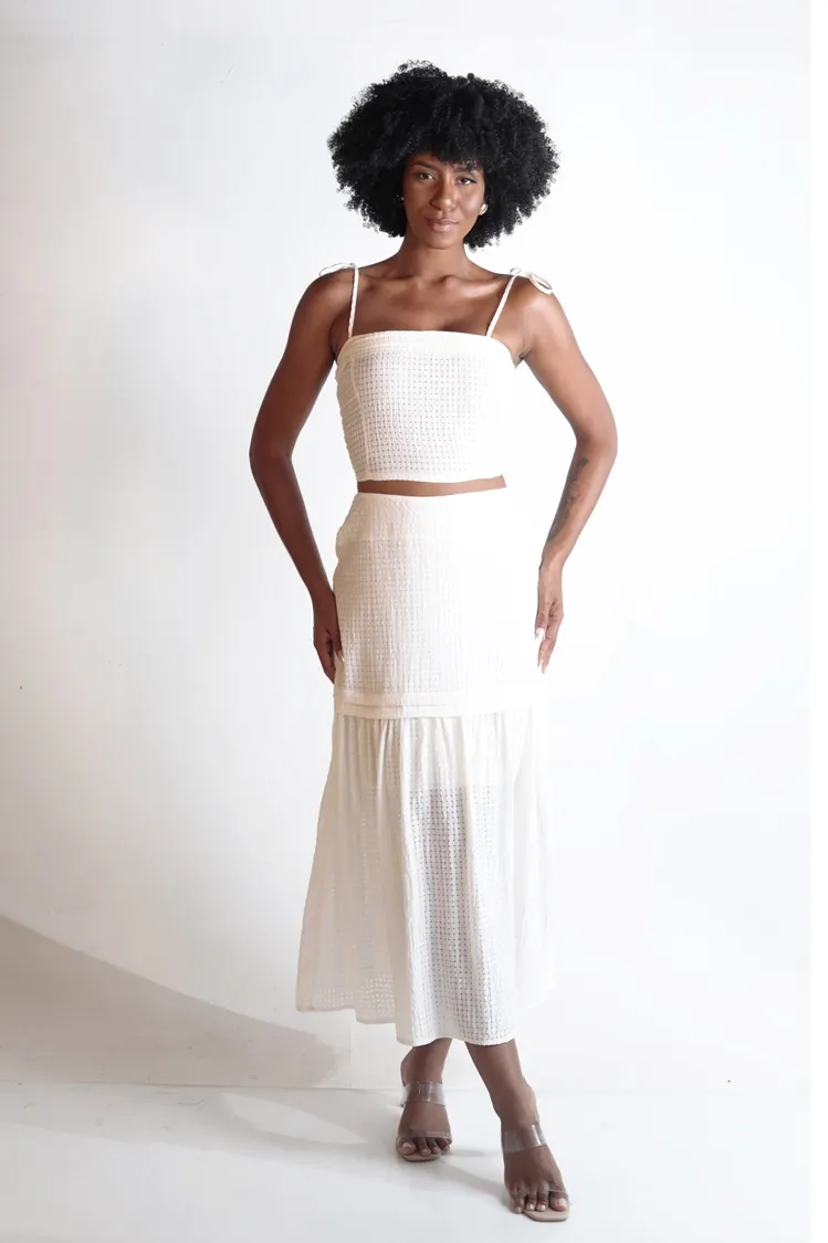 Conjunto Dwz Cropped Amarracao e Saia Mid Pregas Babado