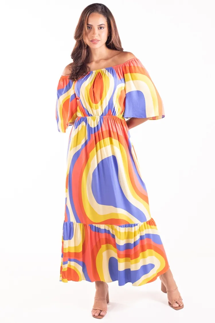 Vestido Dwz Estampado Longo Ombro a Ombro