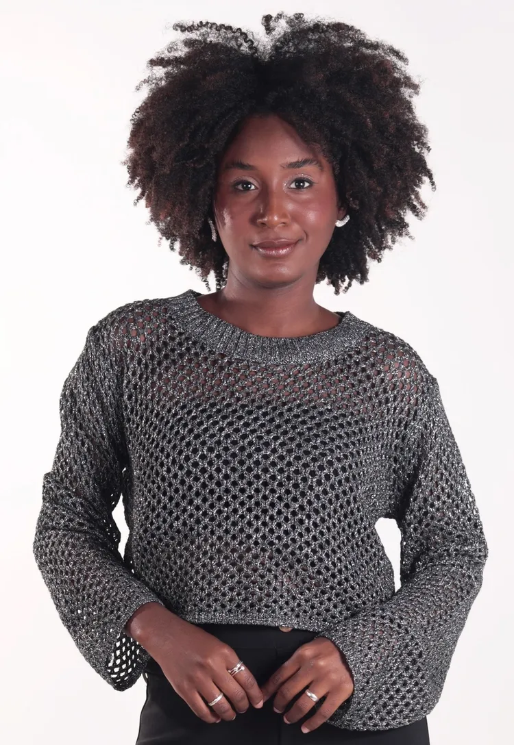 Cropped Dwz Tricot com Lurex Manga Longa