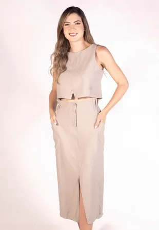 Conjunto Dwz Liso Cropped e Saia Mid e Cinto