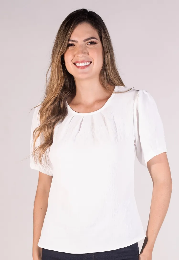 Blusa Dwz Manga Curta Bufante com Pregas na Gola