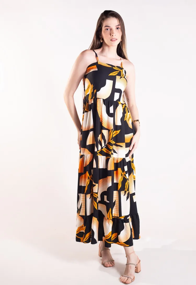 Vestido Dwz Longo Estampado com Lastex