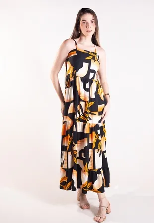 Vestido Dwz Longo Estampado com Lastex