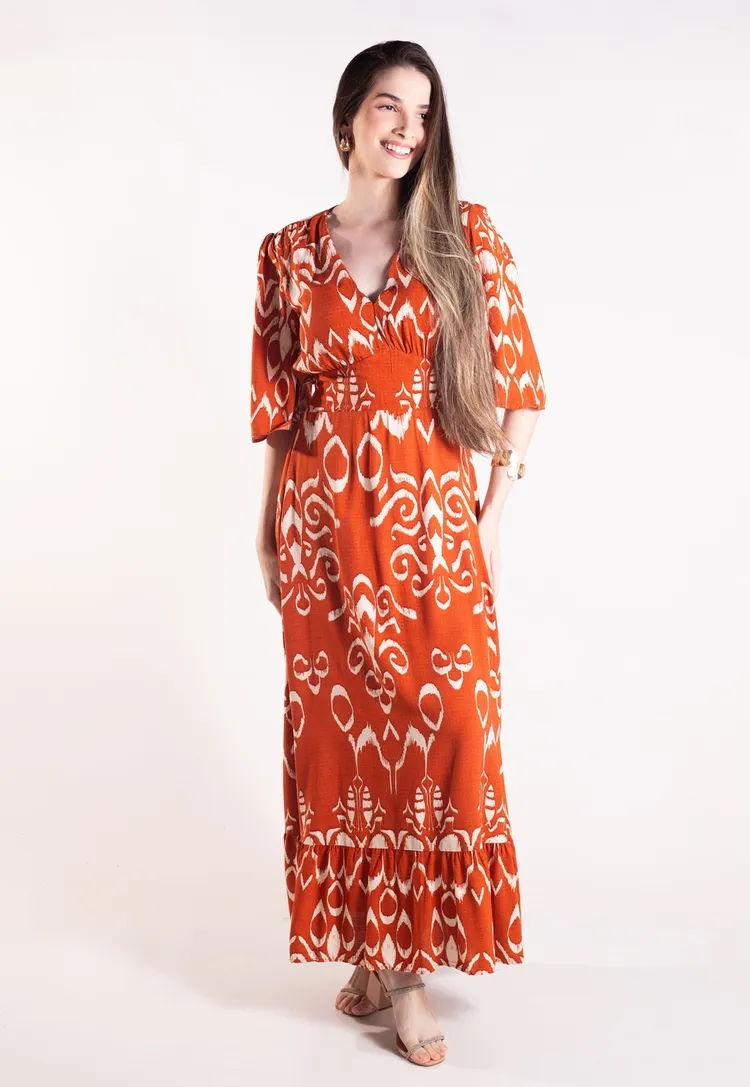 Vestido Dwz Longo Estampado com Manga