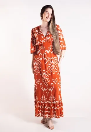 Vestido Dwz Longo Estampado com Manga