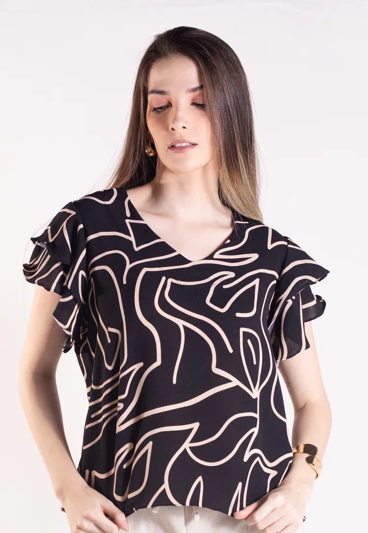 Blusa Dwz Estampada Decote V com Manga