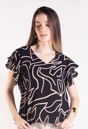 Blusa Dwz Estampada Decote V com Manga