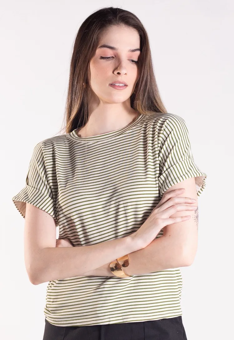 Blusa Dwz Malha Listrada Manga Dobrada