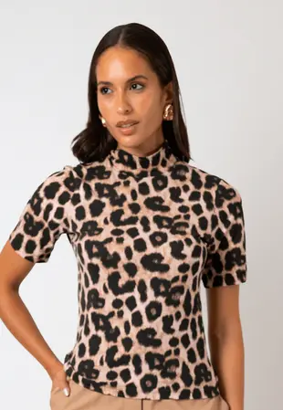 Blusa Dwz Manga Curta Gola Alta Animal Print