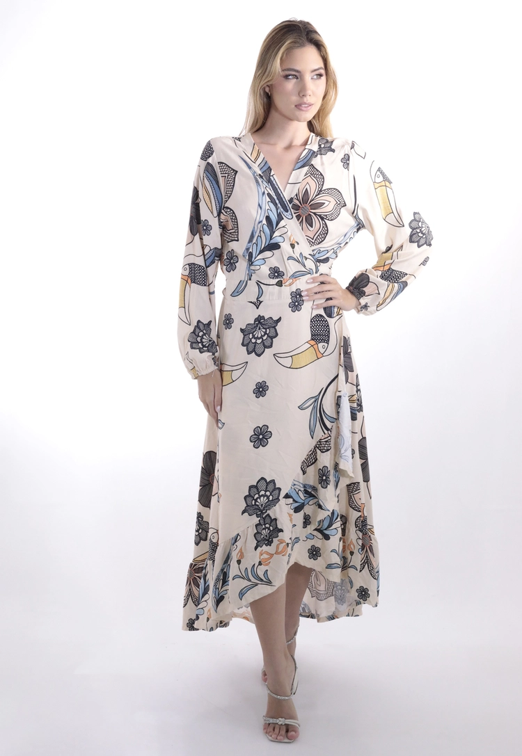 Vestido Dwz Manga LOnga Transpassado Estampado