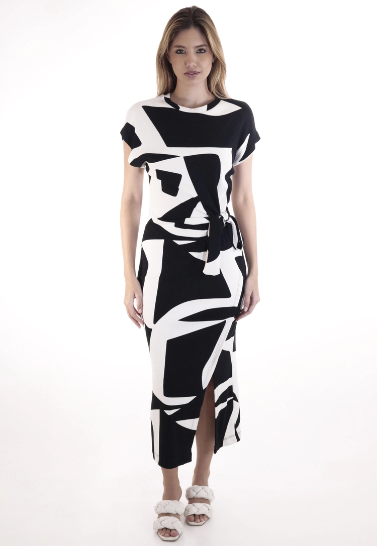 Vestido Dwz Mid Canelado Estampado Manga Curta