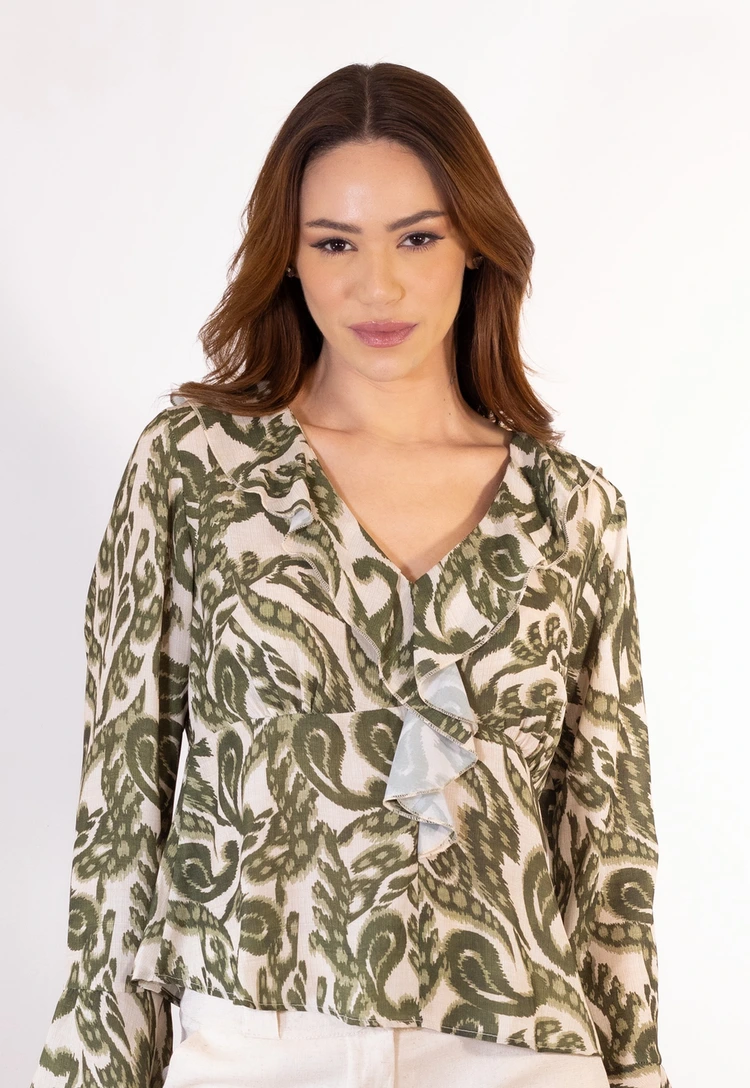 Blusa Dwz Manga Longa Estampada com Babado