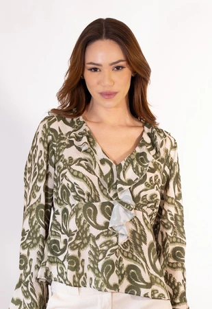 Blusa Dwz Manga Longa Estampada com Babado