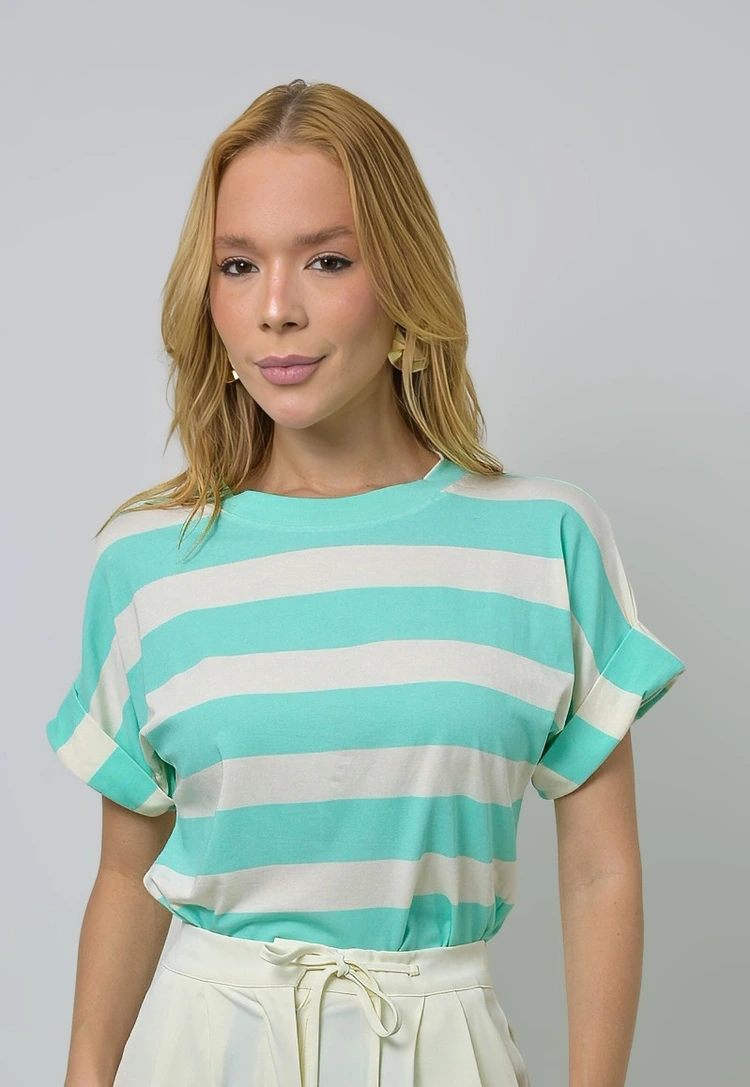 Blusa Dwz Manga Curta Dobrada Listrada