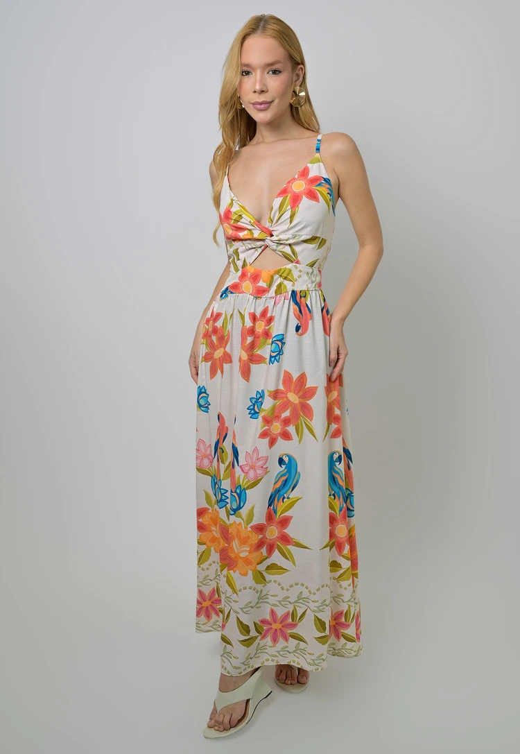 Vestido Dwz Estampado Mid com Alca e Lastex