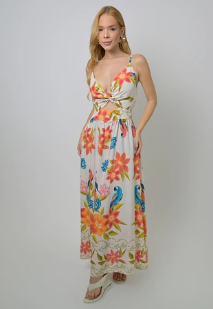 Vestido Dwz Estampado Mid com Alca e Lastex