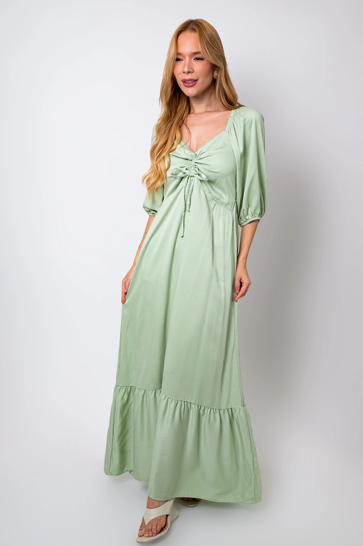 Vestido Dwz Longo com Manga e Franzido no Busto Liso'